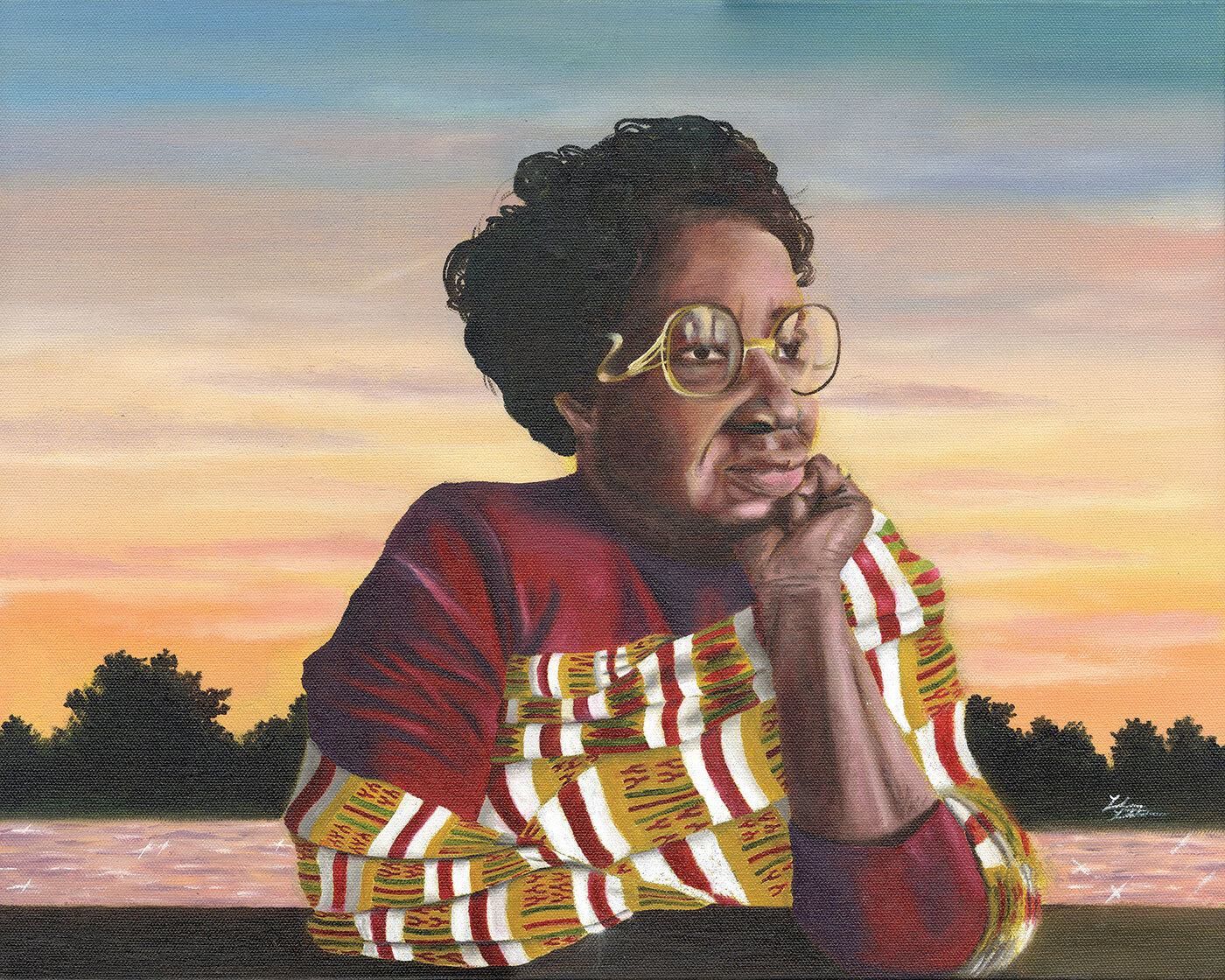 Painting of a woman in glasses