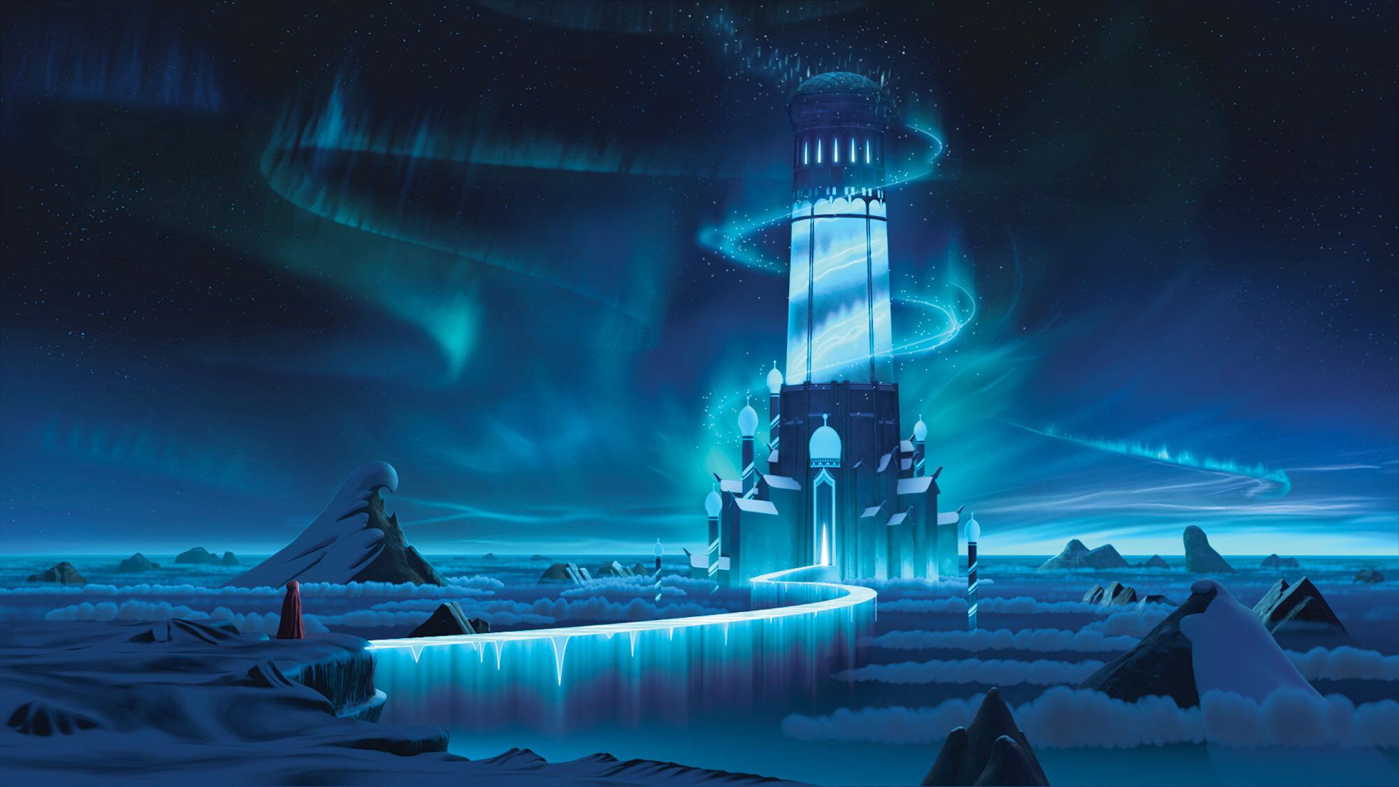 Animation environment of tall structure and landscape in shades and tints of blue