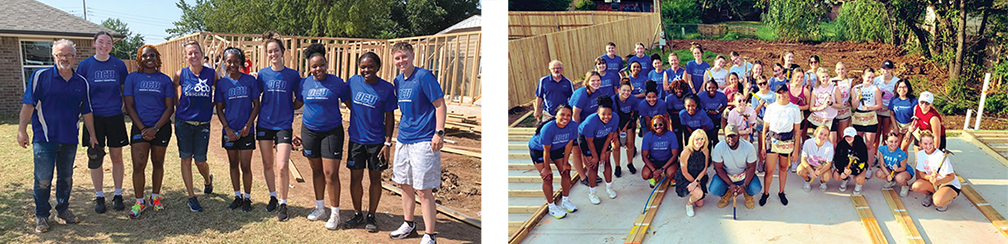 Two groups of workers in front of construction and house site