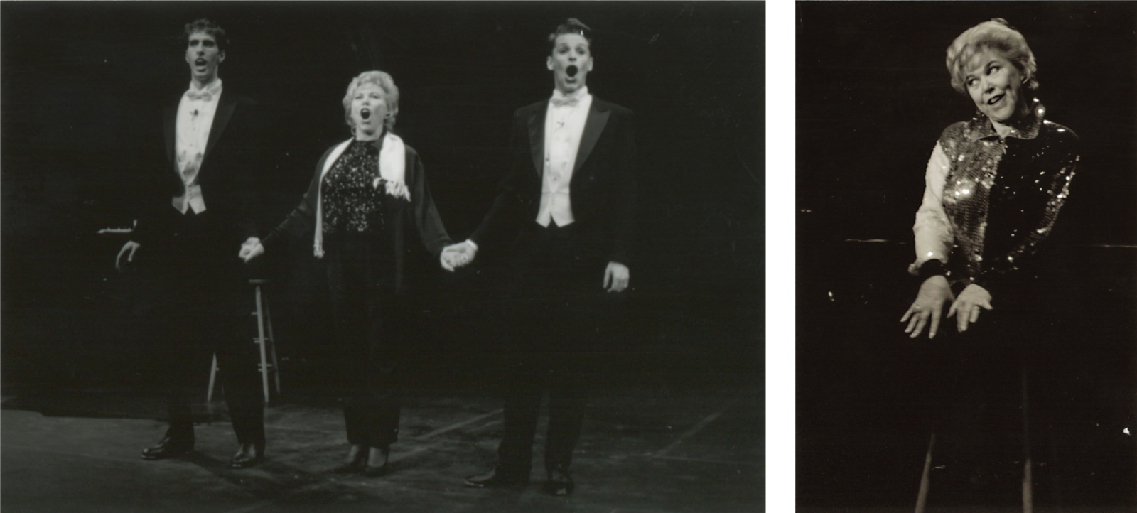 Black and white images of two men and woman singing and woman seated, singing