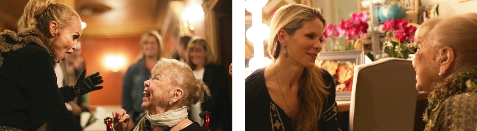 Blonde woman speaking to older woman and different blonde woman speaking to older woman
