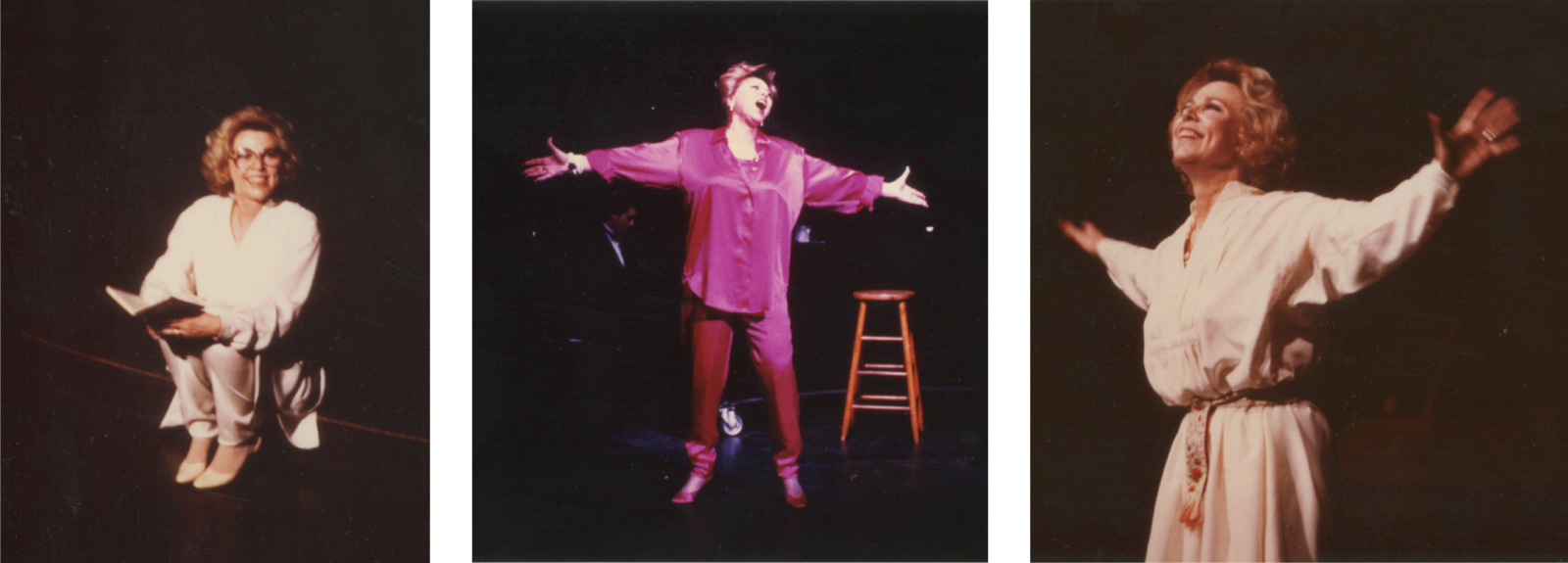 Three images of a woman smiling, singing and performing