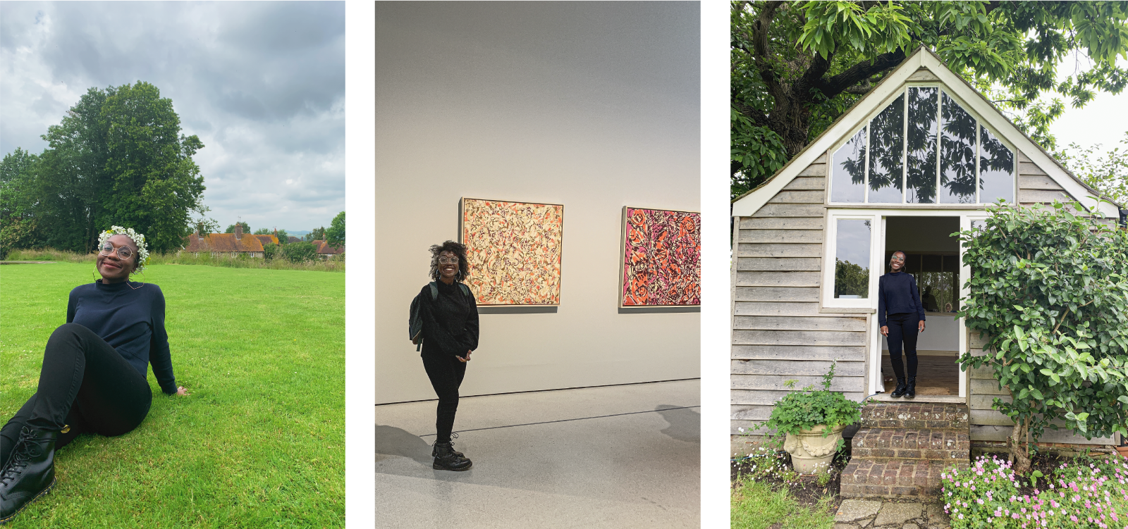 woman on green grass, in front of framed art, and standing in doorway