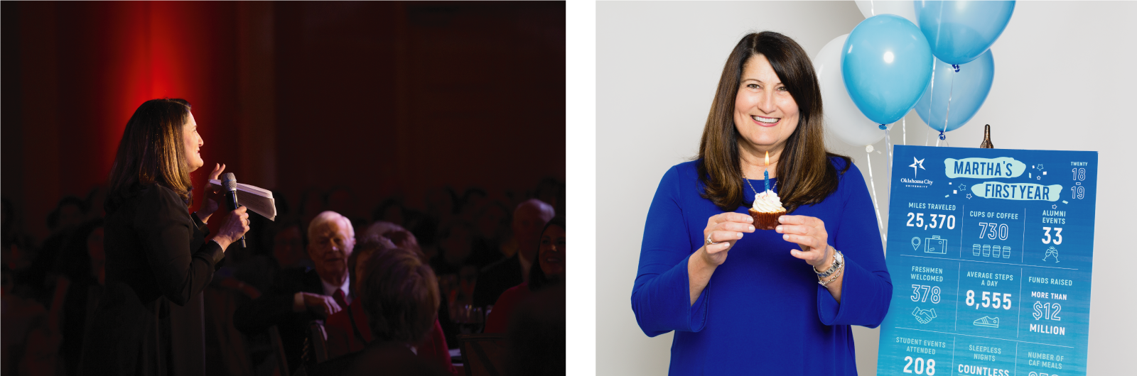 Woman with microphone speaking to crowd and woman in blue holding cupcake