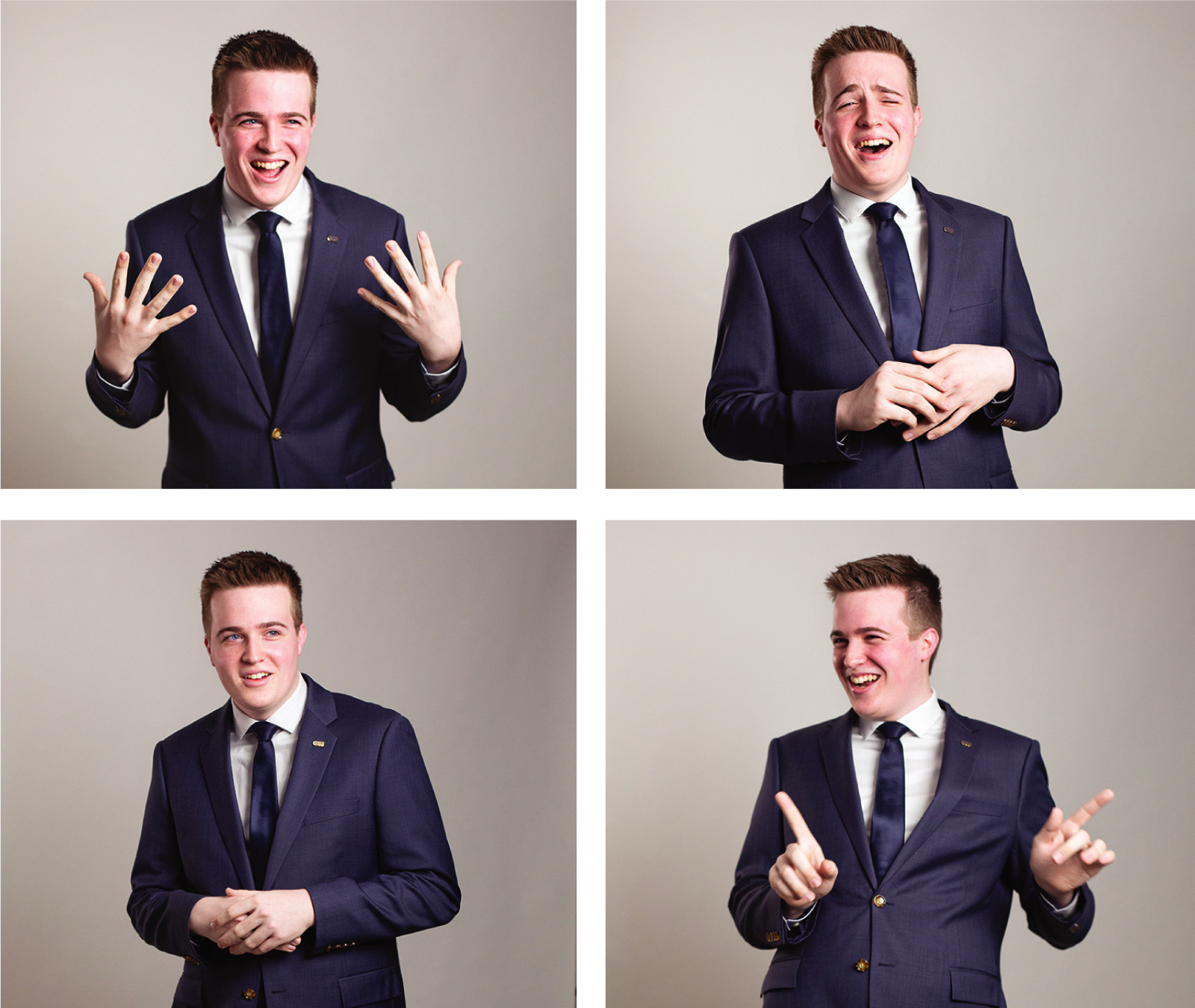 Four photos of young man with different hand gestures